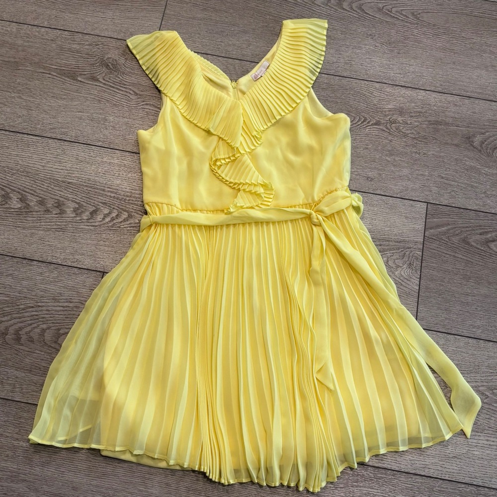 GB Girls Pleated Chiffon Dress Size 16 Yellow Ruffle Special Occasion Party